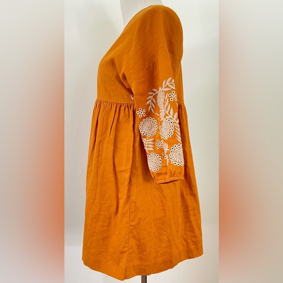 Madewell | Linen Blend | Embroidered Sleeve Popover Dress | Caramel | Women’s S - Picture 4 of 8